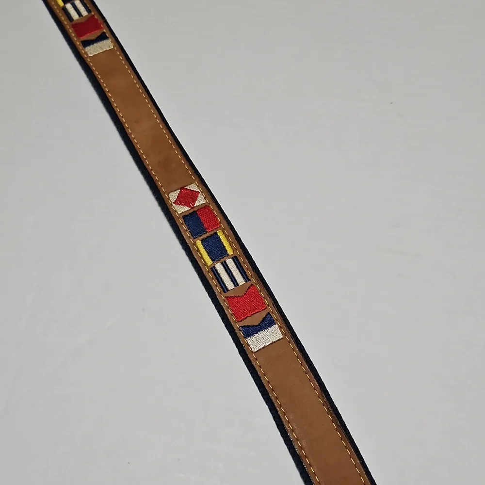 Zeppelin Brown Leather & Blue Belt with Nautical Flags Brass Buckle Size 44